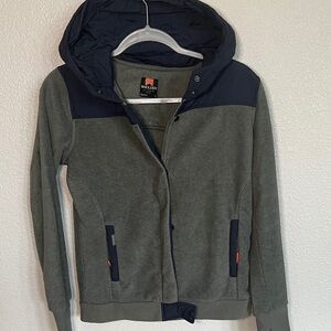Holden Dark Green w Blue color block Hoodie Teddy Zip and Button Sweater Jacket